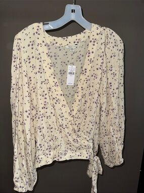 American Eagle Outfitters Cream Wrap Blouse with Purple Floral Print